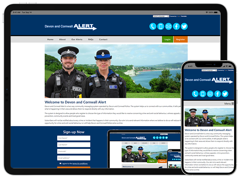 Devon and Cornwall Alert viewed from mobile devices